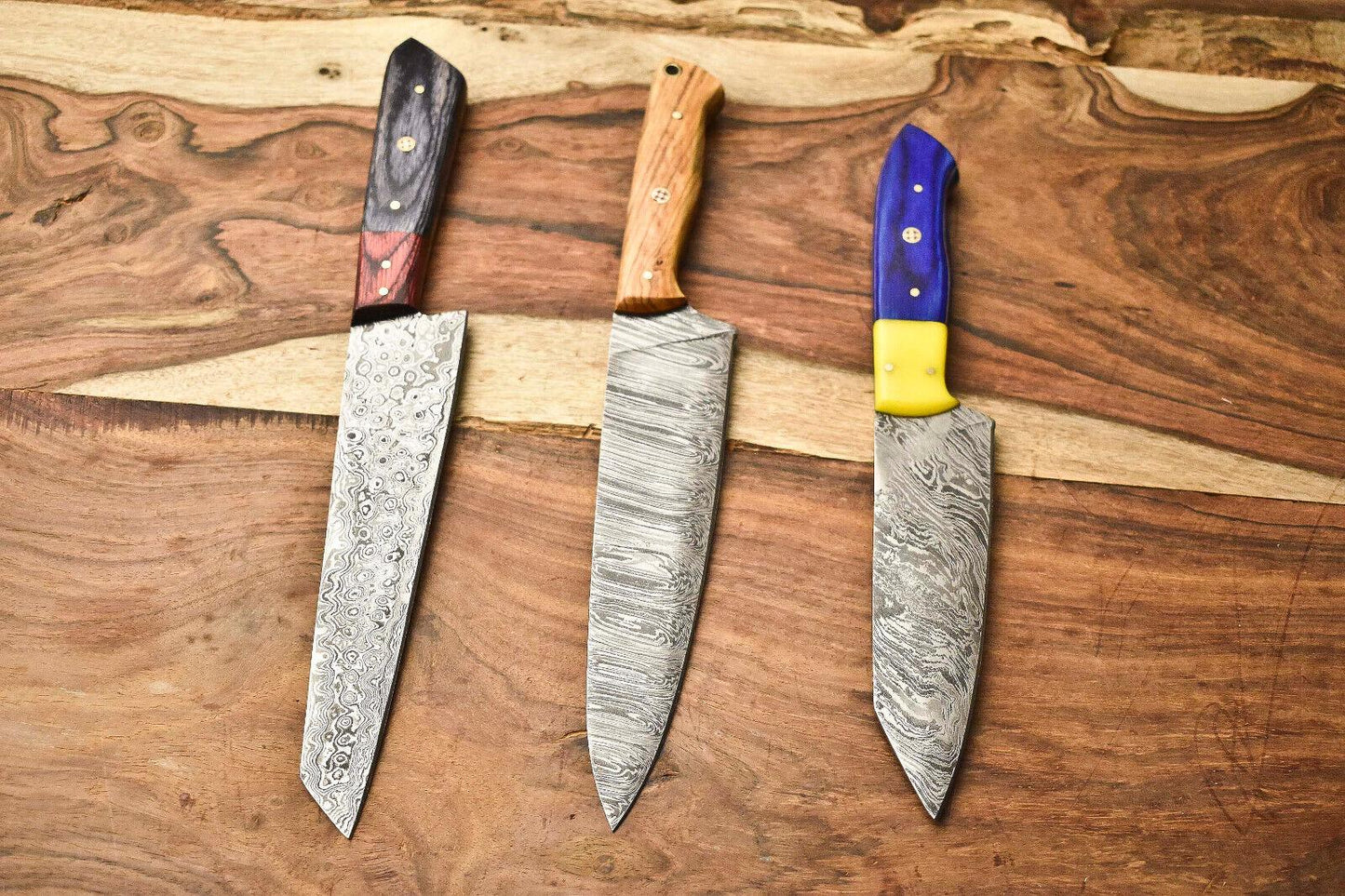 Lot Of 3 Handmade Damascus Blade Full Tang Chef Set Knives
