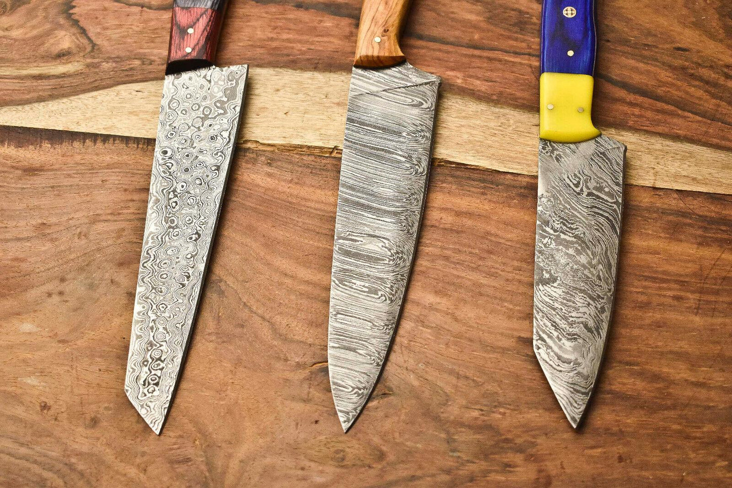 Lot Of 3 Handmade Damascus Blade Full Tang Chef Set Knives