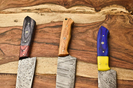 Lot Of 3 Handmade Damascus Blade Full Tang Chef Set Knives