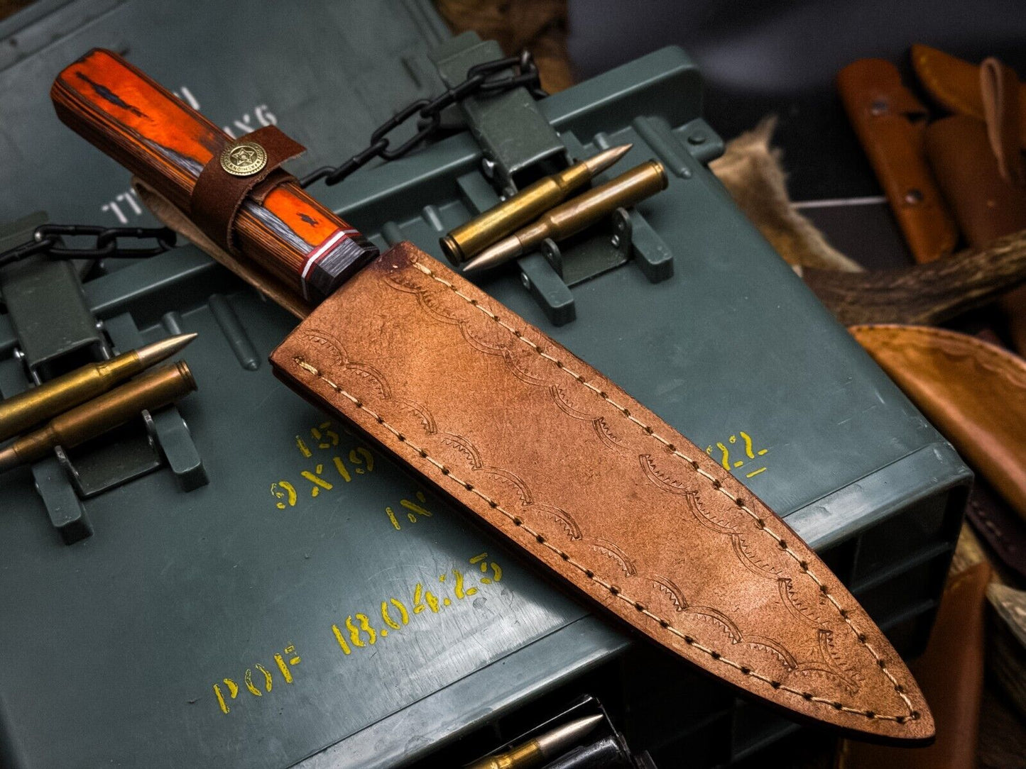 Handmade Damascus Steel Kitchen Chef Knife with Wood Handle & Cow Leather Sheath