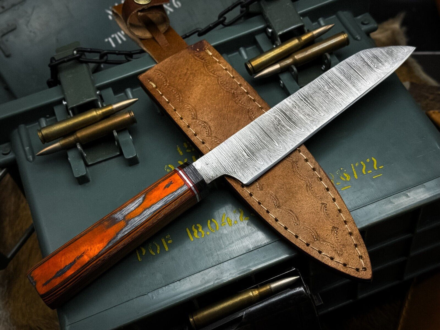 Handmade Damascus Steel Chef Knife, Full Tang, Wood Handle with Cow Leather Sheath