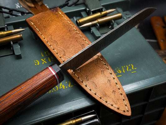 Handmade Damascus Steel Chef Knife, Full Tang, Wood Handle with Cow Leather Sheath