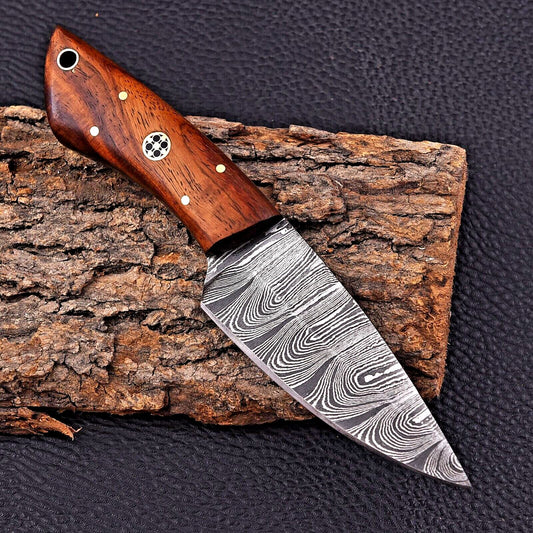 Custom Handmade Raindrop Damascus Hunting Skinner Knife Wood Handle with Sheath