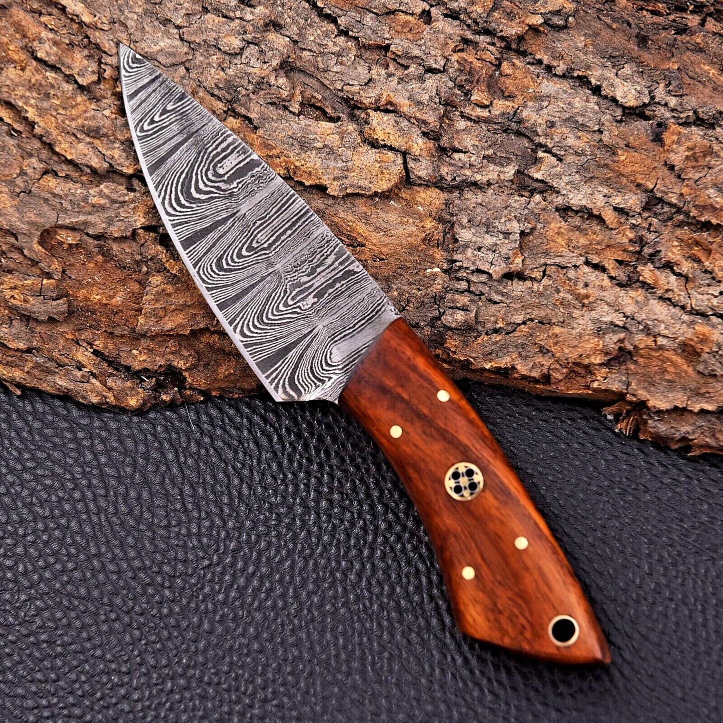Custom Handmade Raindrop Damascus Hunting Skinner Knife Wood Handle with Sheath