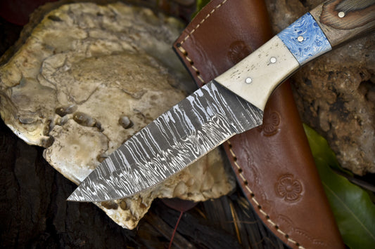 Custom Twist Damascus Skinner Knife with Mixed Material Handle for EDC and Bushcraft