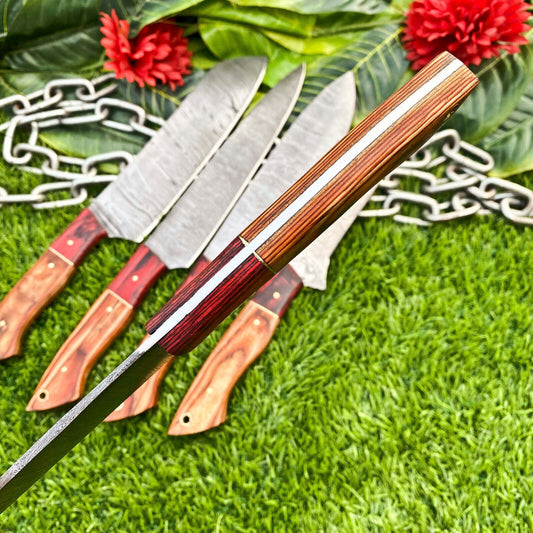 Lot of 5 Handmade Damascus Steel Full Tang Chef Knife Set – Premium Hardwood Handle