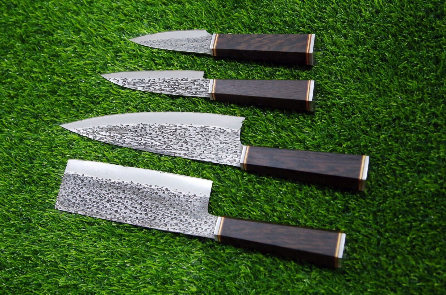 4-Piece Handmade D2 Steel Chef Knife Set – Custom Kitchen Knives with Leather Roll Bag