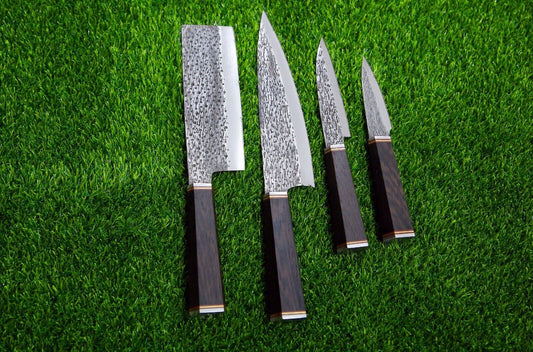 4-Piece Handmade D2 Steel Chef Knife Set – Custom Kitchen Knives with Leather Roll Bag
