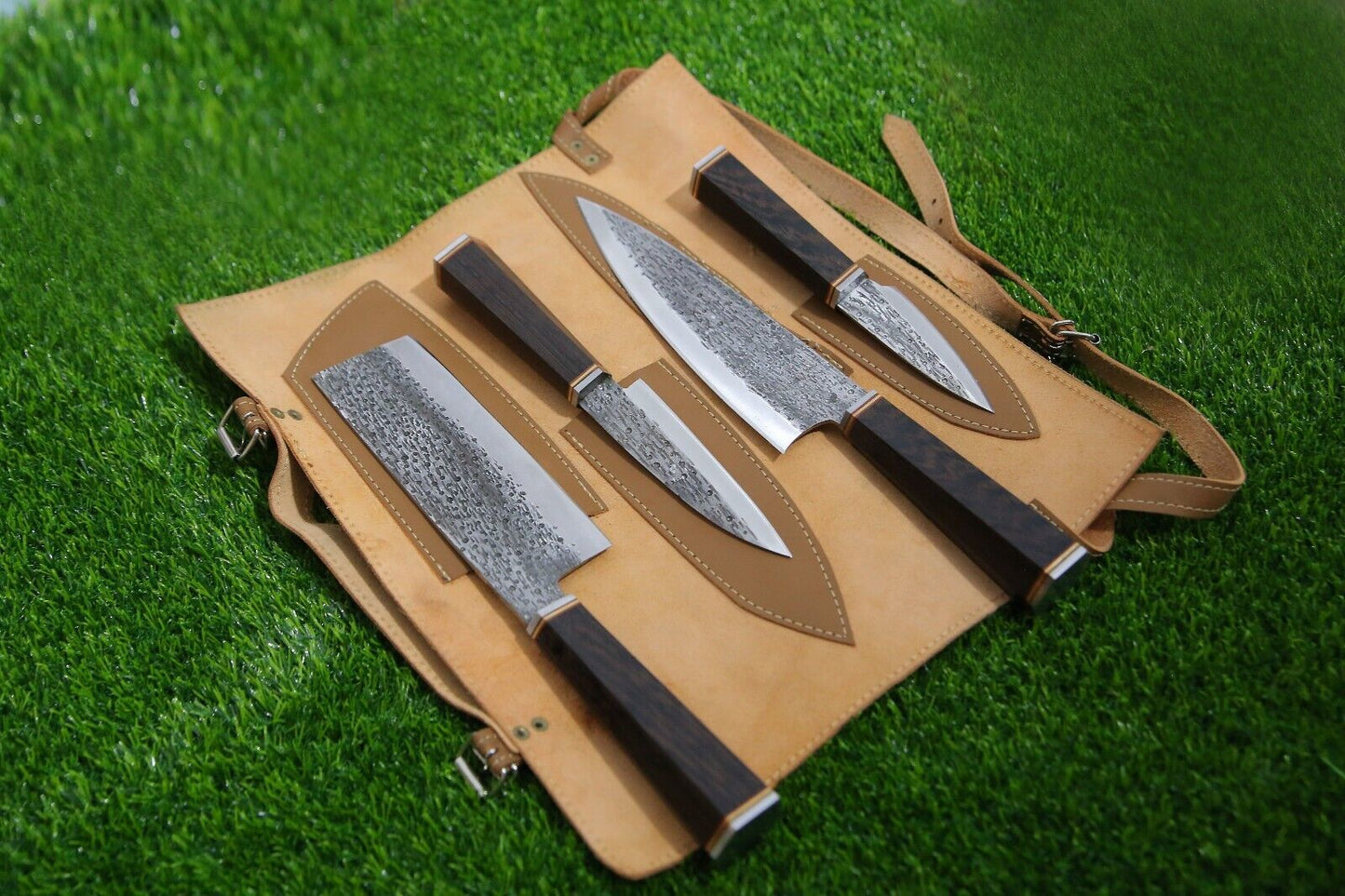 4-Piece Handmade D2 Steel Chef Knife Set – Custom Kitchen Knives with Leather Roll Bag