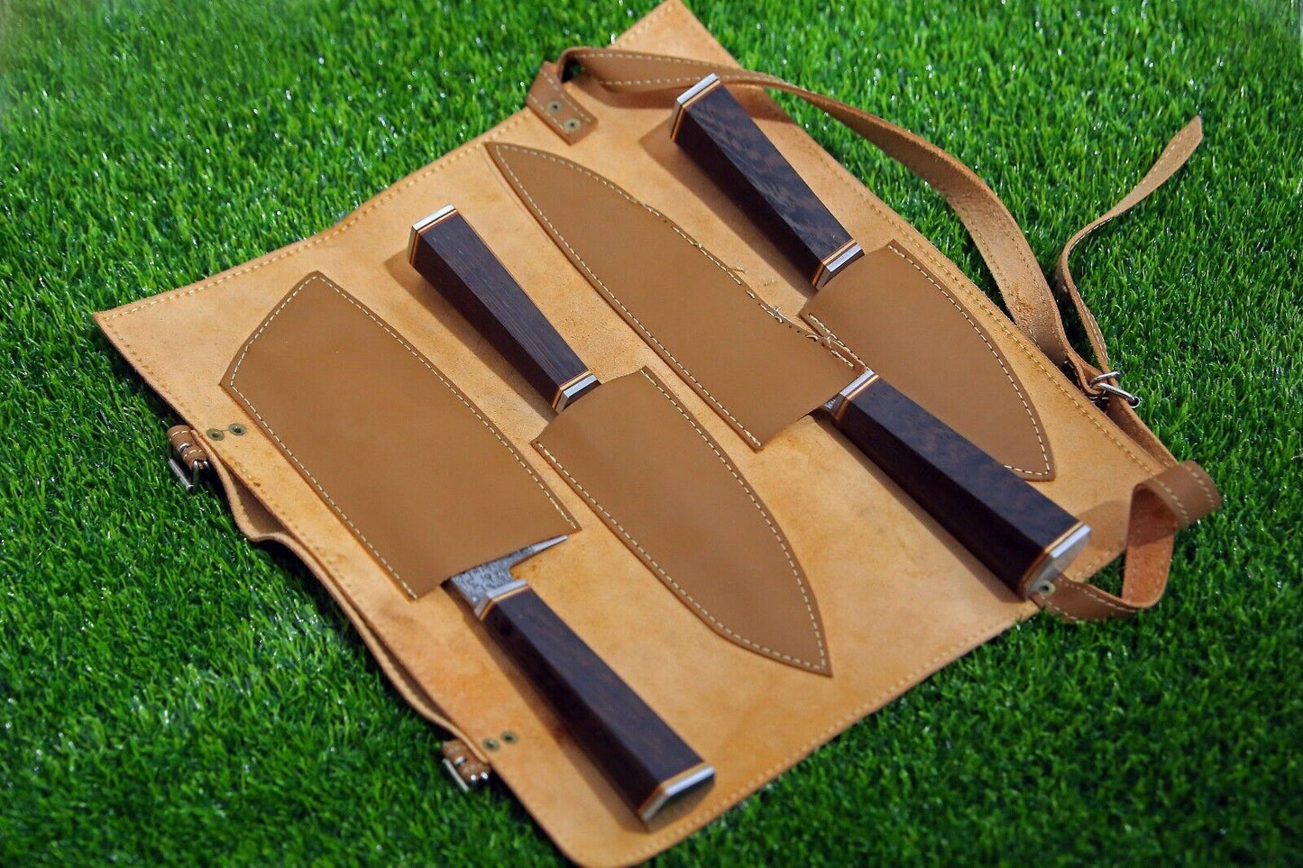 4-Piece Handmade D2 Steel Chef Knife Set – Custom Kitchen Knives with Leather Roll Bag