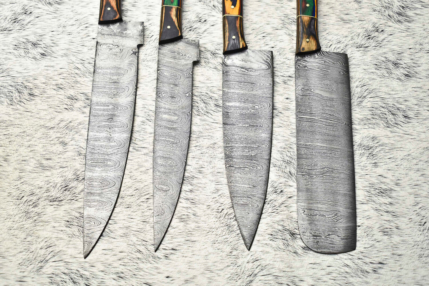 Stunning Custom Lot Of 4 Handmade Damascus Steel Blade Chef Set Knife
