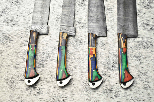 Stunning Custom Lot Of 4 Handmade Damascus Steel Blade Chef Set Knife
