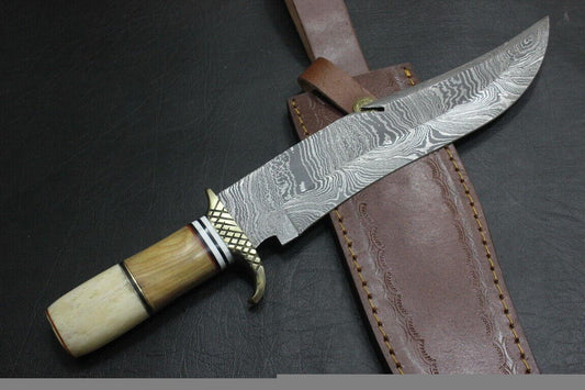 13.5" Heritage Forge Damascus Steel Bowie Knife | Camel Bone & Olive Wood