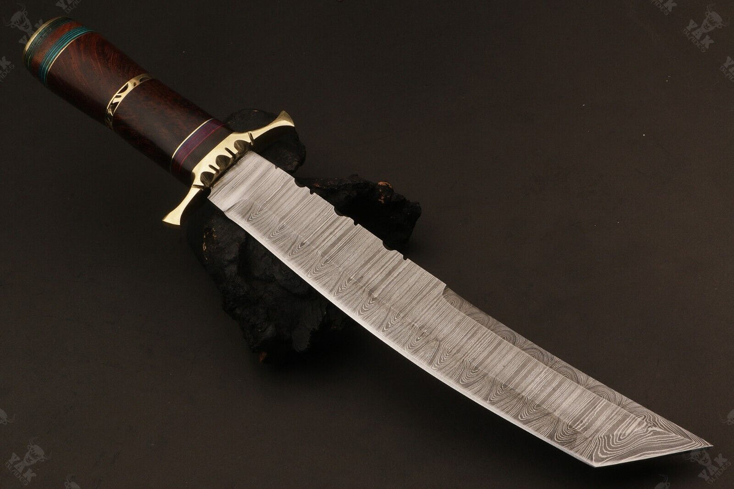 15.5 Inch Handmade Fire Damascus Steel Bowie Knife with Camel Bone Handle by Heritage Forge