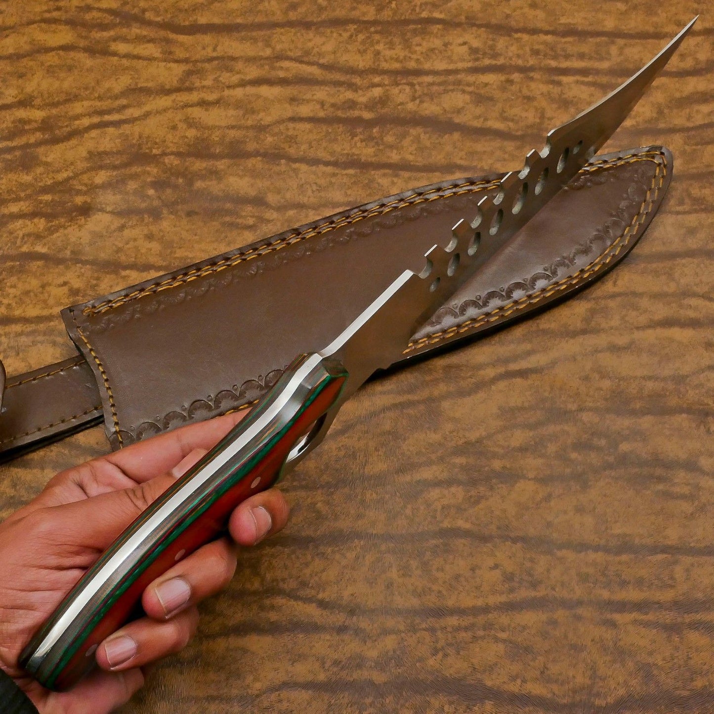 Handmade 12-Inch D2 Steel Full Tang Bowie Hunting Knife – Pakka Wood Handle