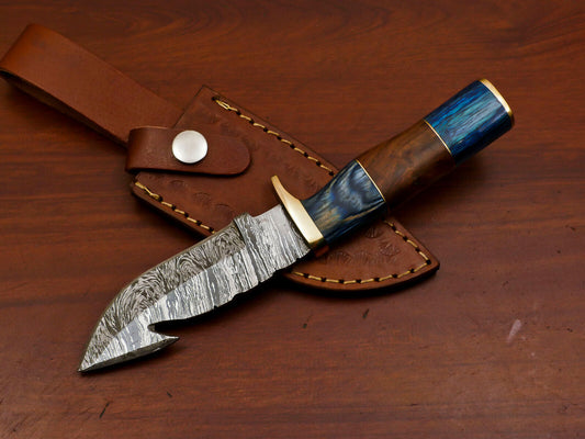 8" Damascus Gut Hook Bowie Knife – Rose & Pakka Wood Handle