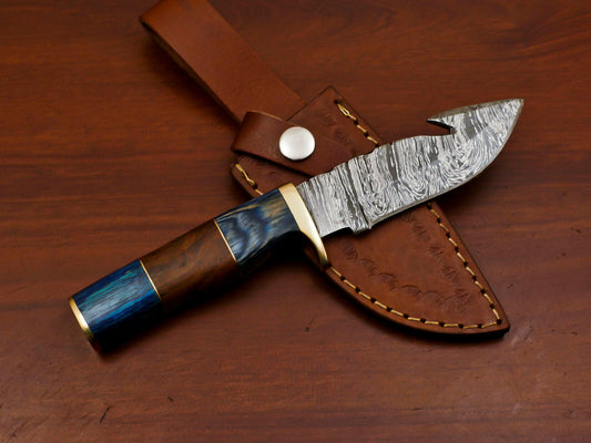 8 Inch Handmade Damascus Gut Hook Hunting Knife with Rose and Pakka Wood Handle