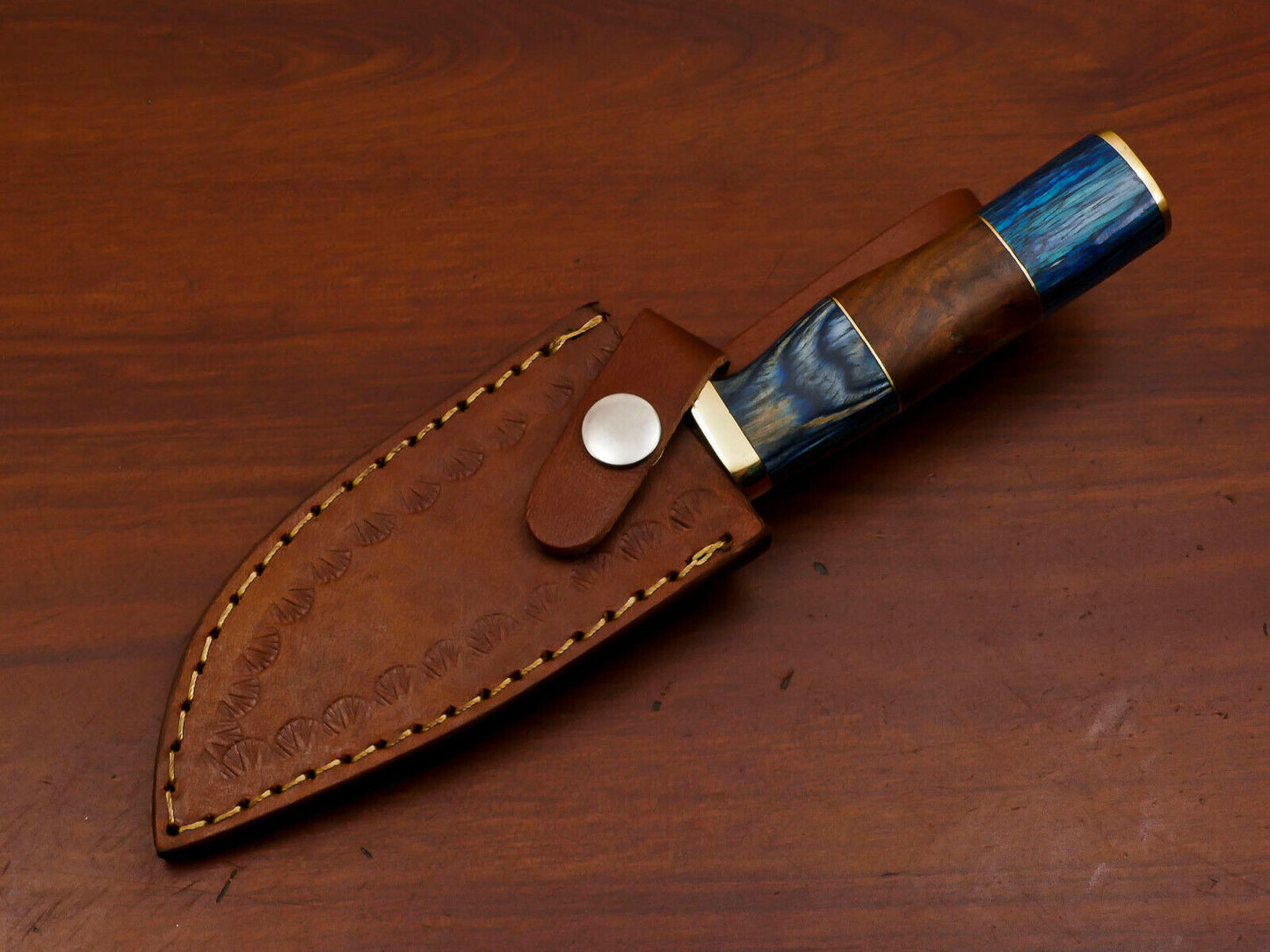 8" Damascus Gut Hook Bowie Knife – Rose & Pakka Wood Handle