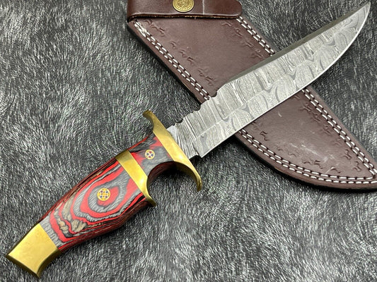 12" Damascus Steel Bowie Knife – Hardwood Handle & Leather Sheath
