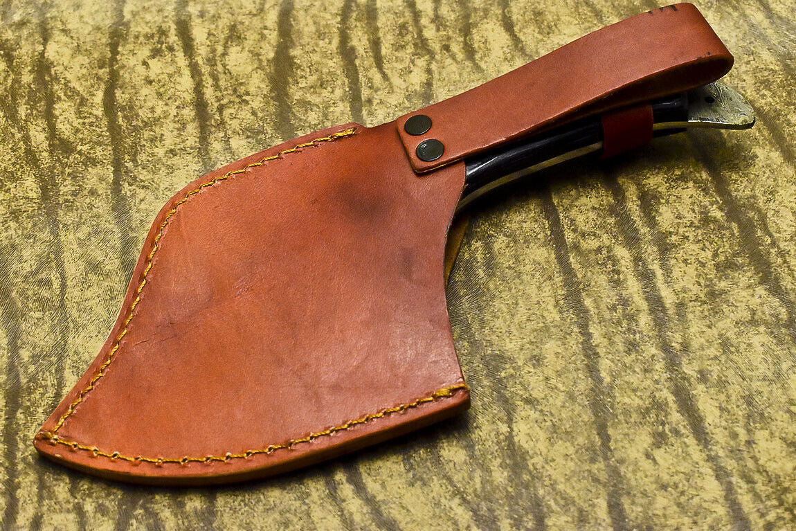 Handmade Damascus Steel Cleaver Chopper Axe Knife with Hardwood Handle and Leather Sheath