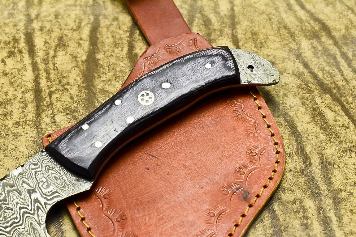 Handmade Damascus Steel Cleaver Chopper Axe Knife with Hardwood Handle and Leather Sheath