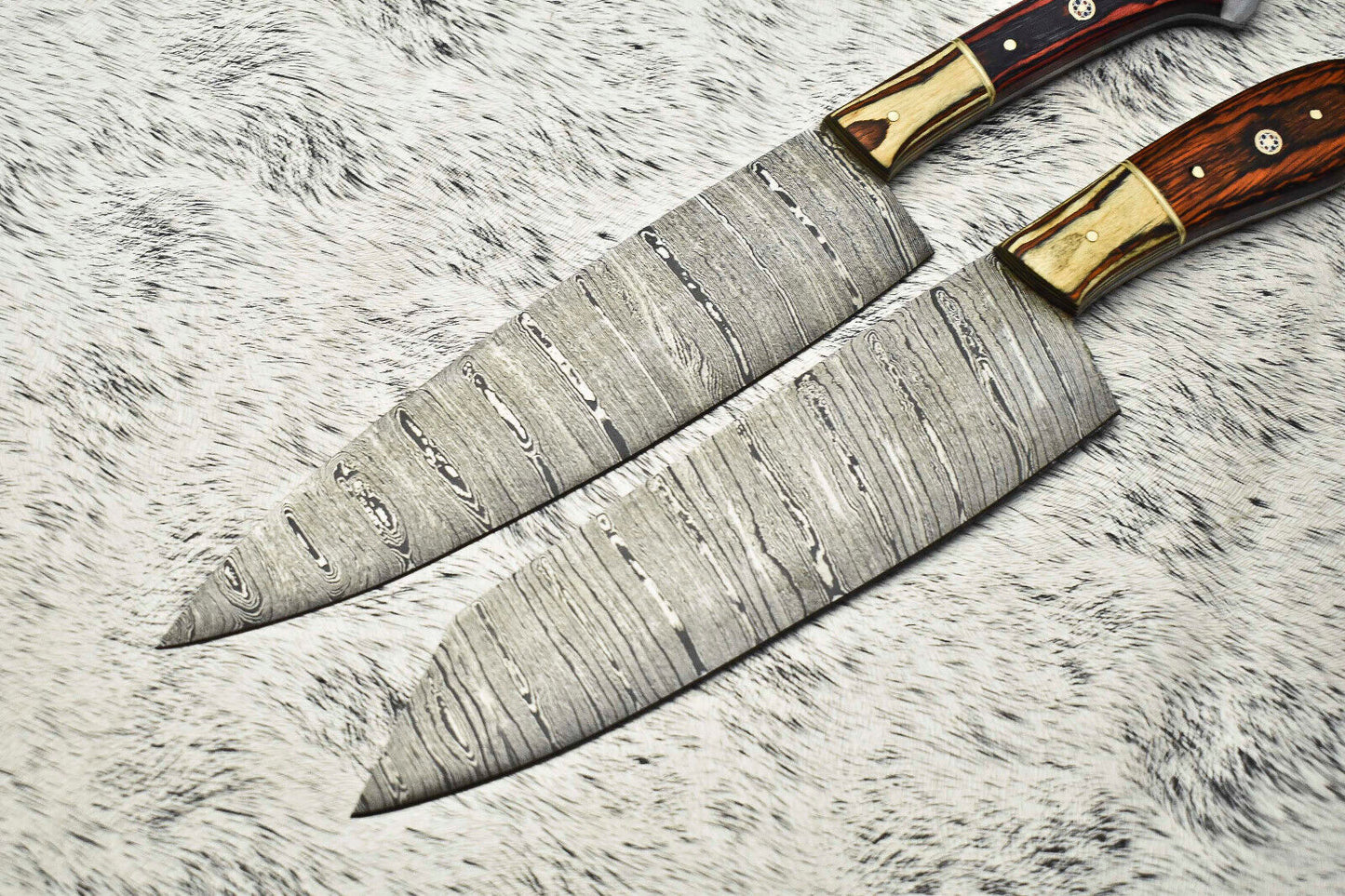 Lot of 2 Handmade Damascus Steel Blade Chef Knives – Professional Full Tang Kitchen Knife Set