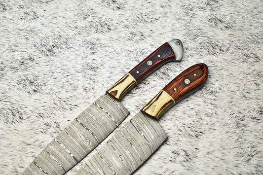Lot of 2 Handmade Damascus Steel Blade Chef Knives – Professional Full Tang Kitchen Knife Set