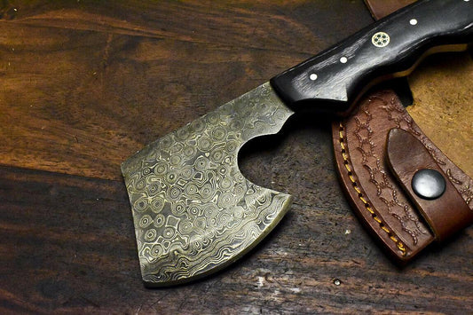 Hand Made Damascus Steel Hardwood Hunting Clever Chopper Axe Knife with Leather Sheath