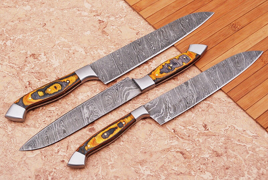 3-Piece Damascus Steel Chef Knife Set with Leather Case by Heritage Forge