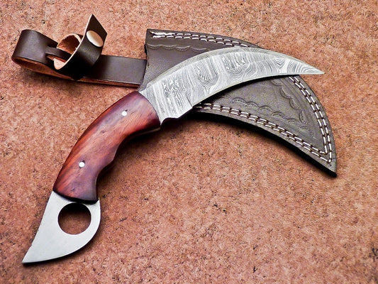 Handmade Damascus Karambit Knife Full Tang Damascus Steel Karambit with Wood Handle