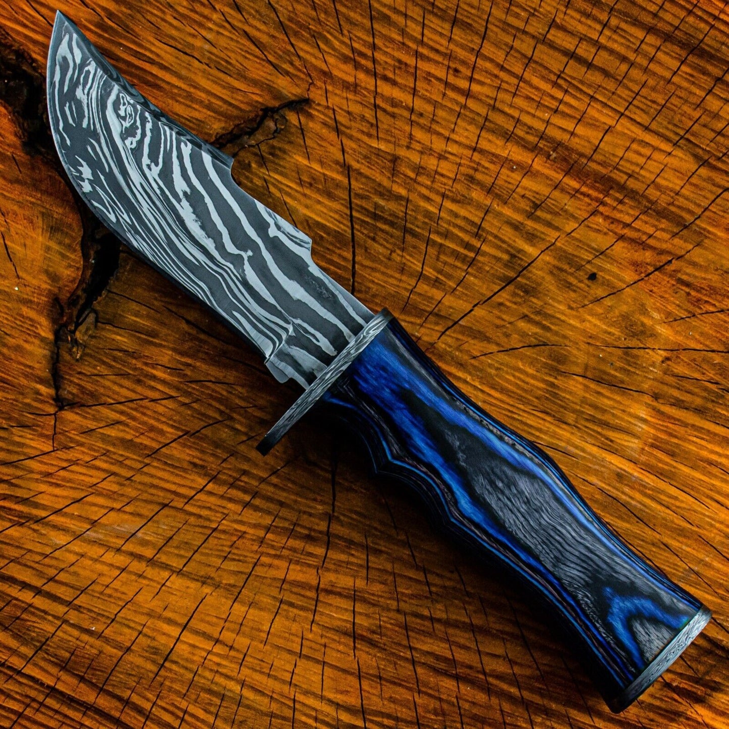 Heritage Forge 10 Inch Damascus Steel Bowie Knife with Polished Wood Handle