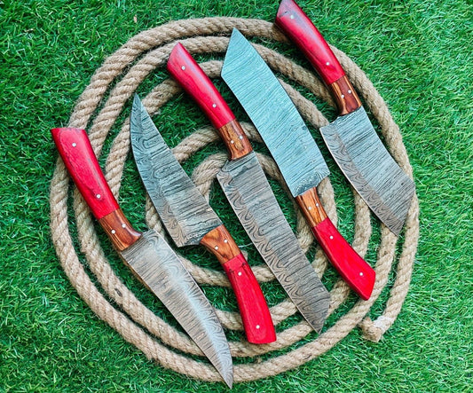 Handmade Damascus Steel 5 Knives Cutlery Chef Knife Set with Bag Kitchen