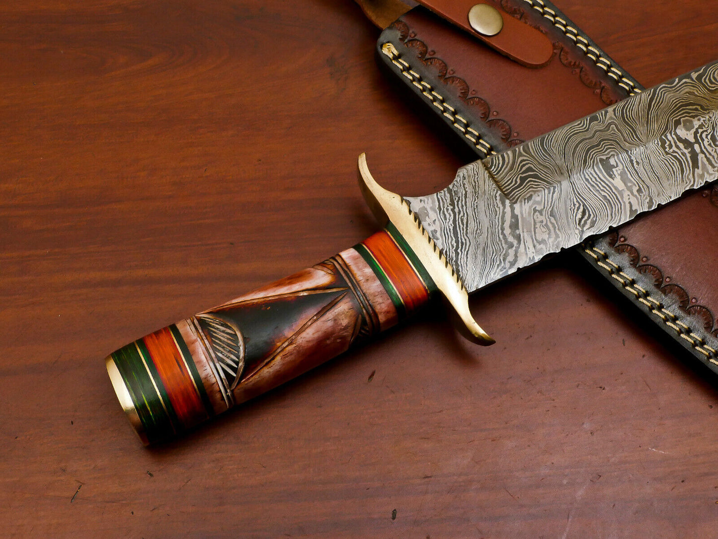 15" Damascus Bowie Knife | Camel Bone & Pakka Wood Handle