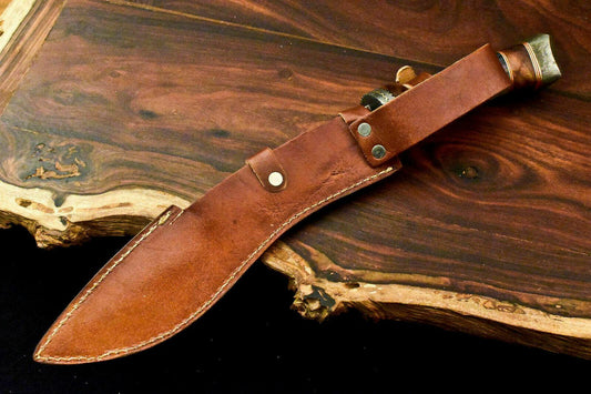 15" Handmade Damascus Steel Kris Blade Bowie Knife with Camel Bone & Walnut Handle