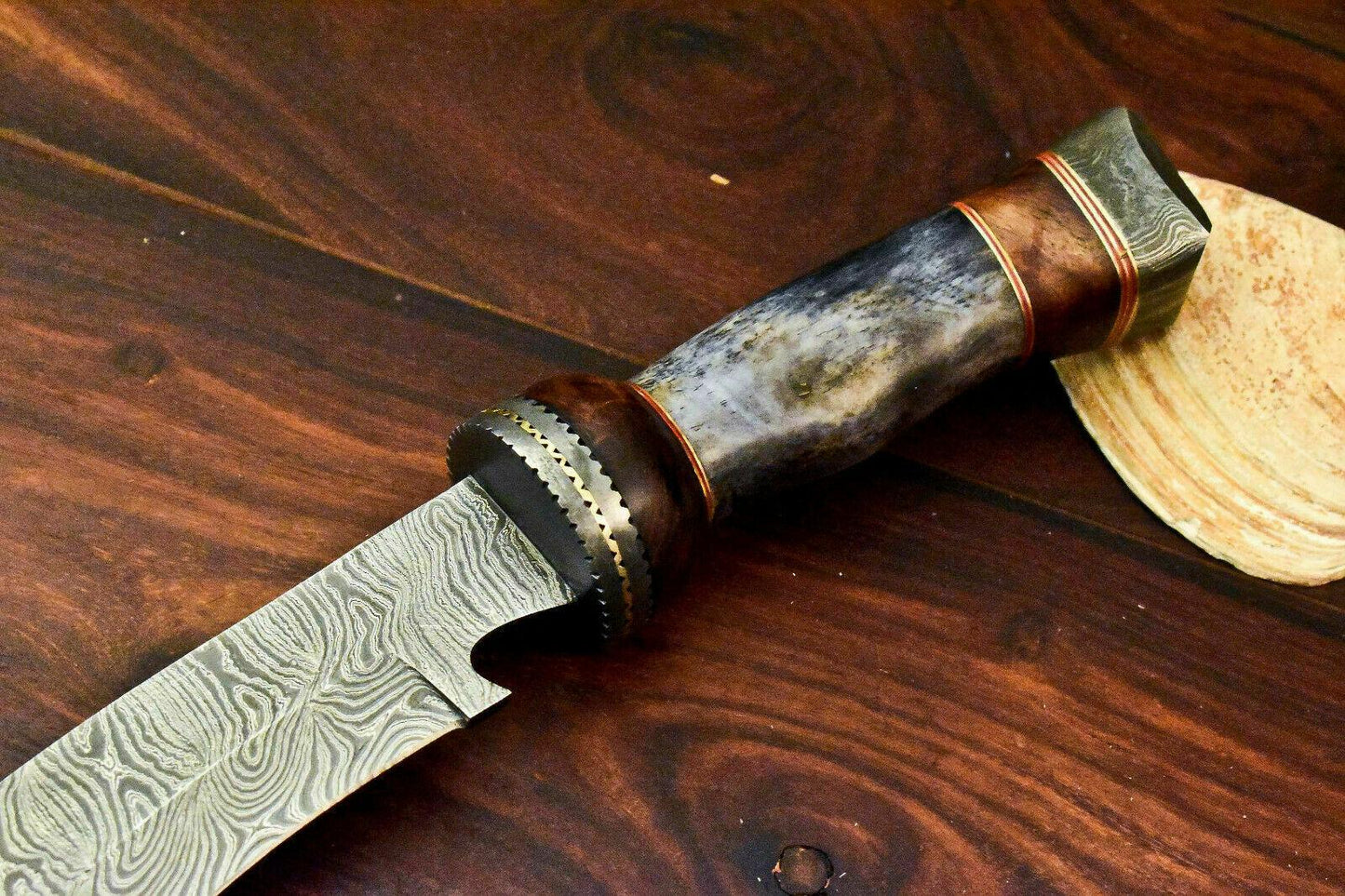 15" Handmade Damascus Steel Kris Blade Bowie Knife with Camel Bone & Walnut Handle