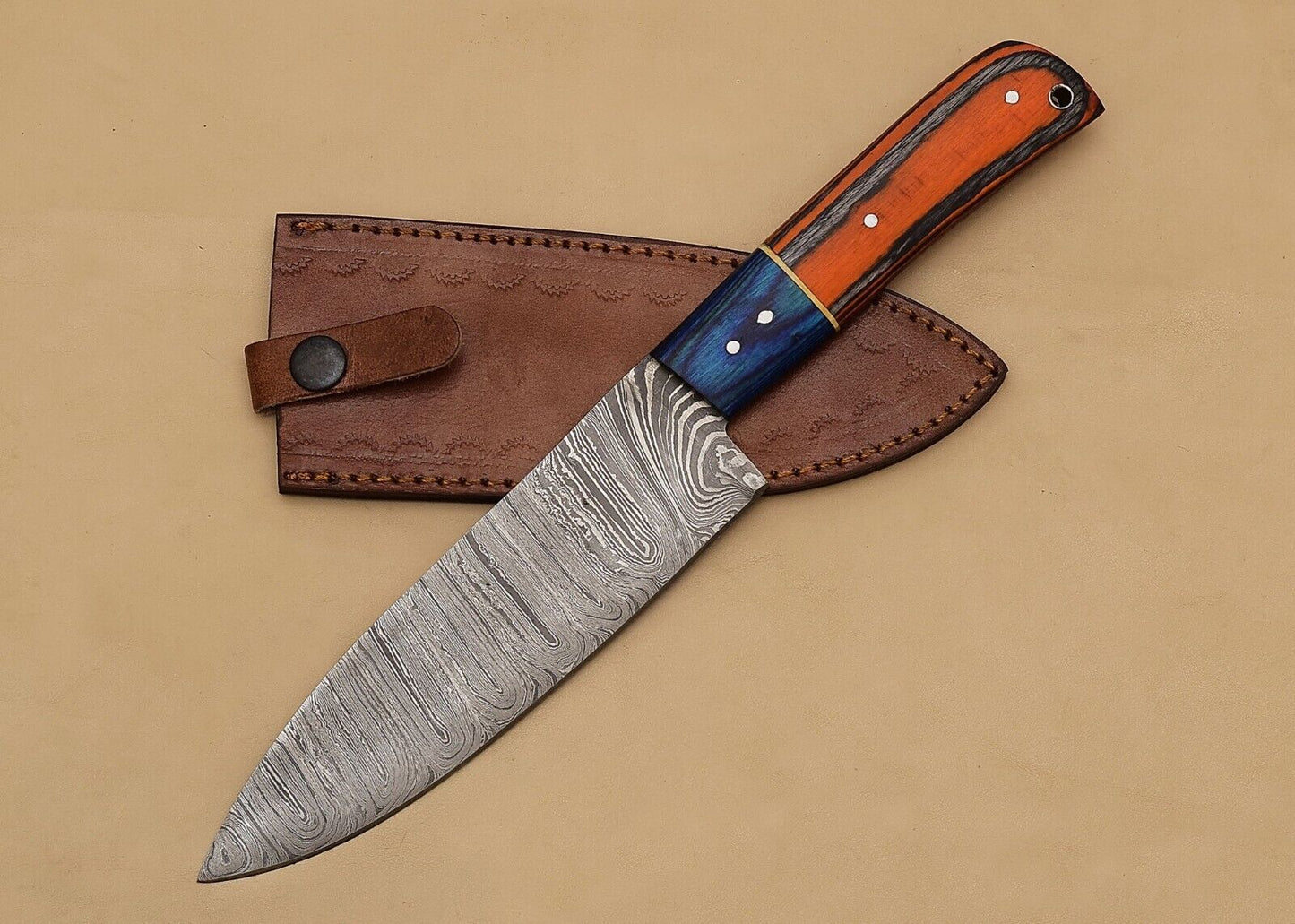 Handmade Damascus Steel Kitchen Chef Fillet Knife with Pakka Wood Handle & Leather Sheath