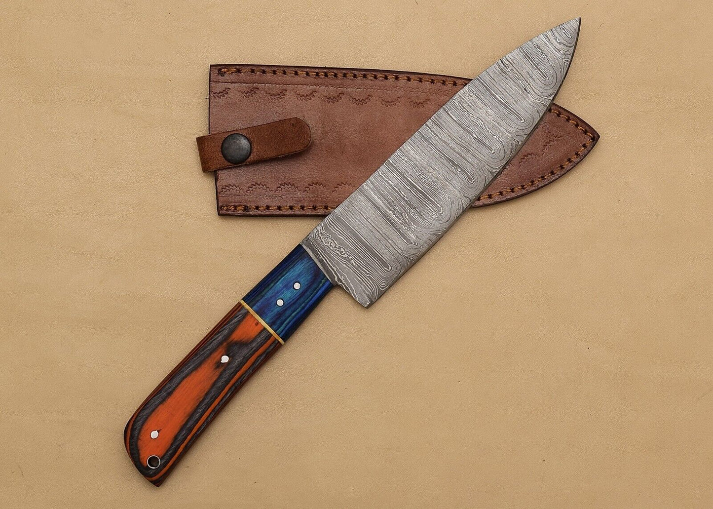 Handmade Damascus Steel Kitchen Chef Fillet Knife with Pakka Wood Handle & Leather Sheath