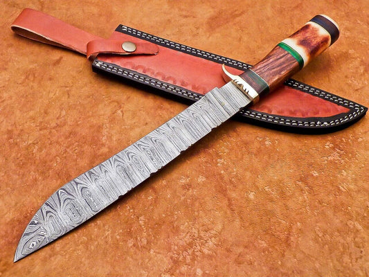 15 Inch Custom Handmade Damascus Hunting Knife with Natural Wood and Camel Bone Handle by Heritage Forge