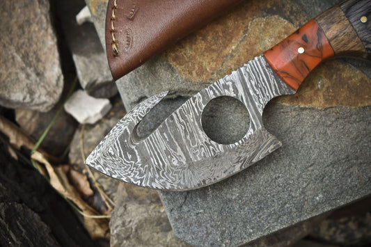 Handmade Twist Damascus Skinner Knife with Gut Hook and Hard Wood Handle – Tactical Fixed Blade Hunting Knife