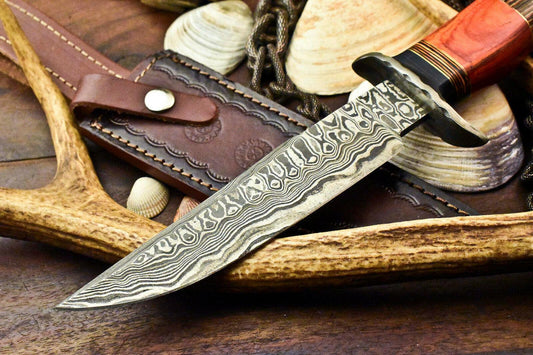 12.5" Damascus Steel Bowie Knife – Walnut Wood Handle & Leather Sheath
