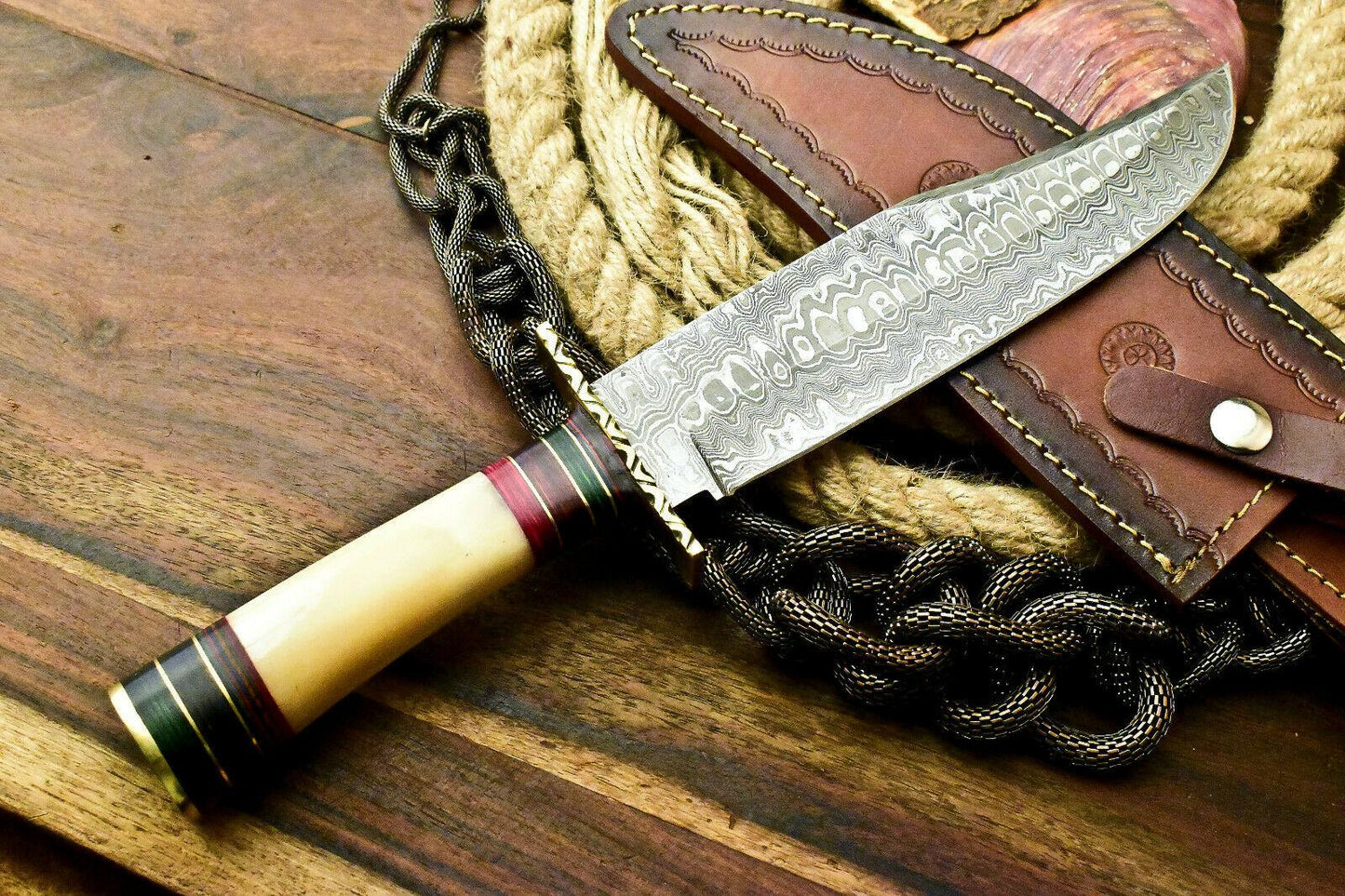 13" Handmade Damascus Steel Bowie Knife – Stained Camel Bone Handle & Leather Sheath