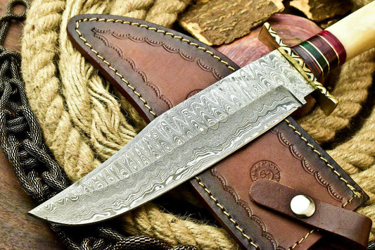 13" Handmade Damascus Steel Bowie Knife – Stained Camel Bone Handle & Leather Sheath