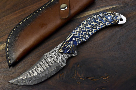 Handmade Ladder Damascus Skinner Knife with Ash Wood Handle for Hunting