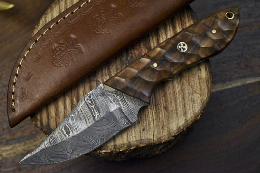 Twist Damascus Skinner Knife with Walnut Wood Handle Tactical Handmade Blade