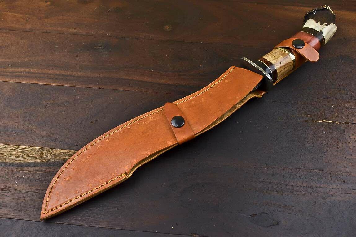 16" Crown Antler Damascus Steel Bowie Knife | Handmade by Heritage Forge