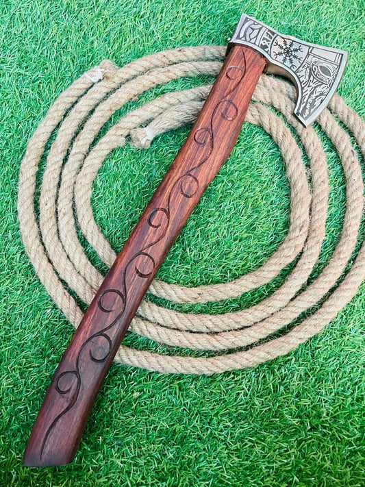 Forged Carbon Steel Viking Bearded Hatchet with Wooden Handle and Leather Cover