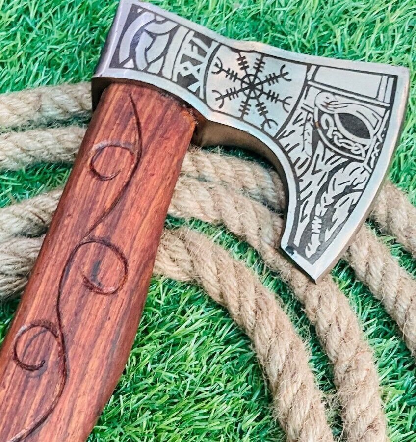 Forged Carbon Steel Viking Bearded Hatchet with Wooden Handle and Leather Cover