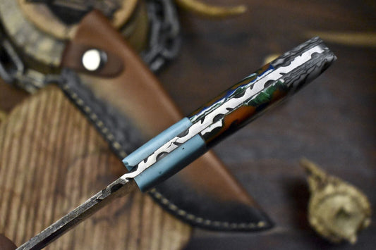 Forged Twist Damascus Skinner Knife with Corian Handle and Micarta Bolster – Outdoor Fixed Blade Hunting Knife