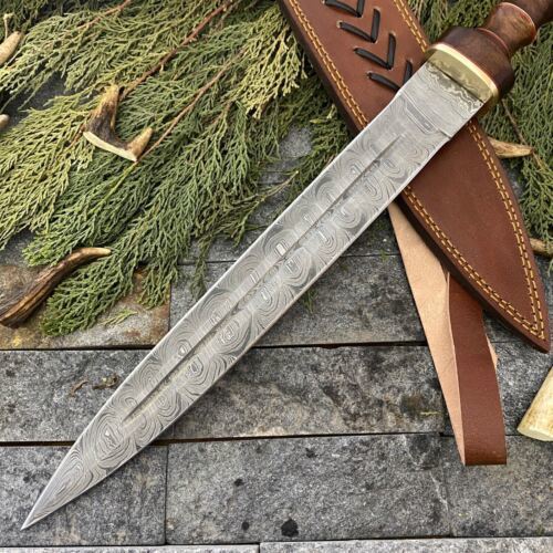 21" Handmade Damascus Steel Sword Bowie Knife For Sale with Wooden Handle & Sheath