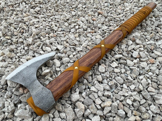 Custom Handmade Viking Axe Carbon Steel Tomahawk with Leather Wrapped Wood Handle and Sheath